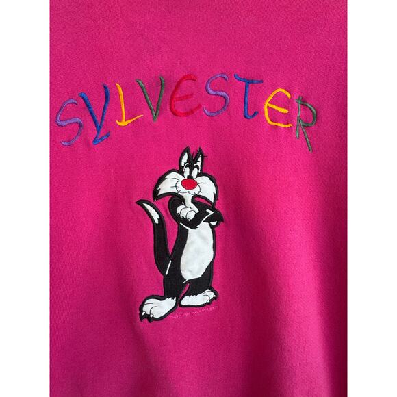 Vintage Jerzees Sylvester Looney Tunes Sweatshirt Pink Embroidered Large USA - Picture 5 of 7